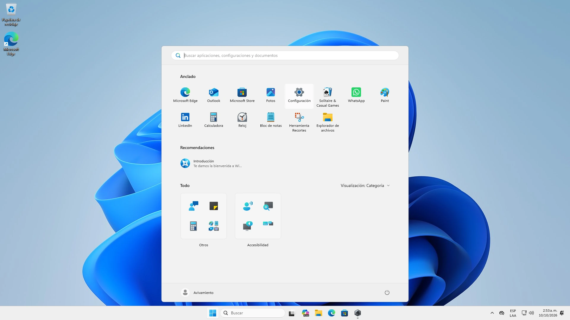 Menú Inicio de Windows mostrando el acceso a la aplicación Configuración