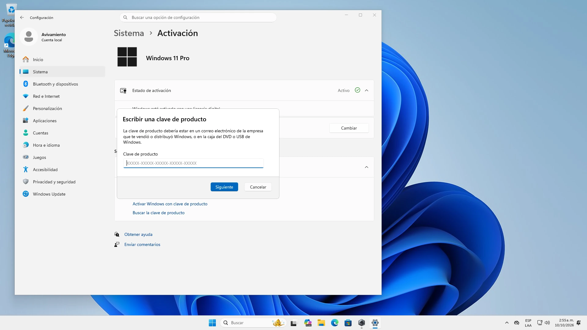 Ventana Escribir una clave de producto de 25 caracteres en Windows