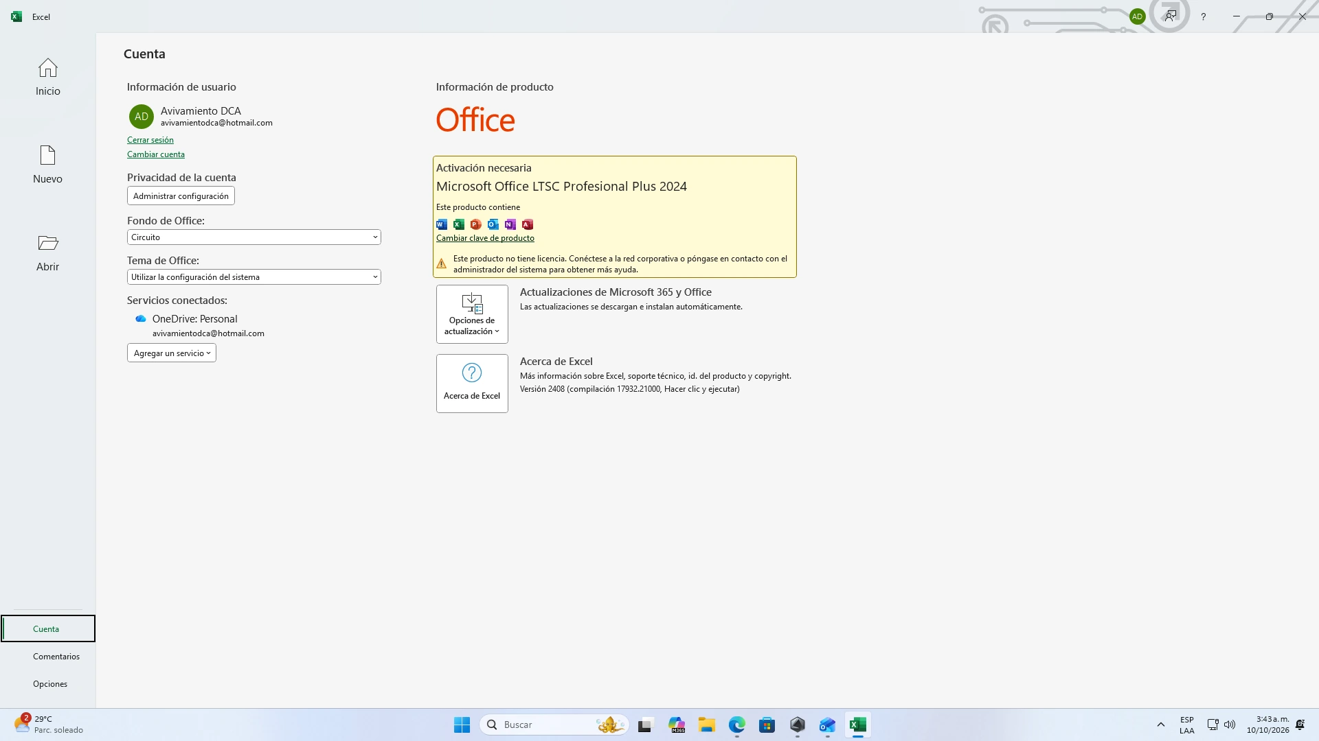 Sección Cuenta en Excel mostrando Activación necesaria y opción de Cambiar clave de producto