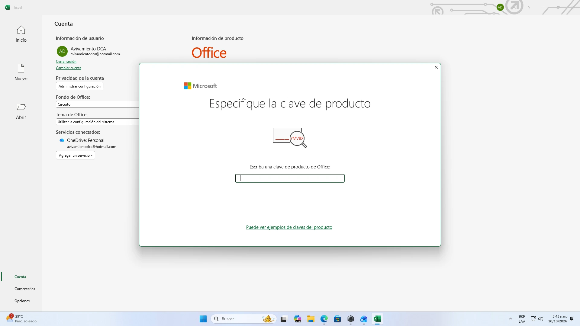Ventana Especifique la clave de producto de Office 2024