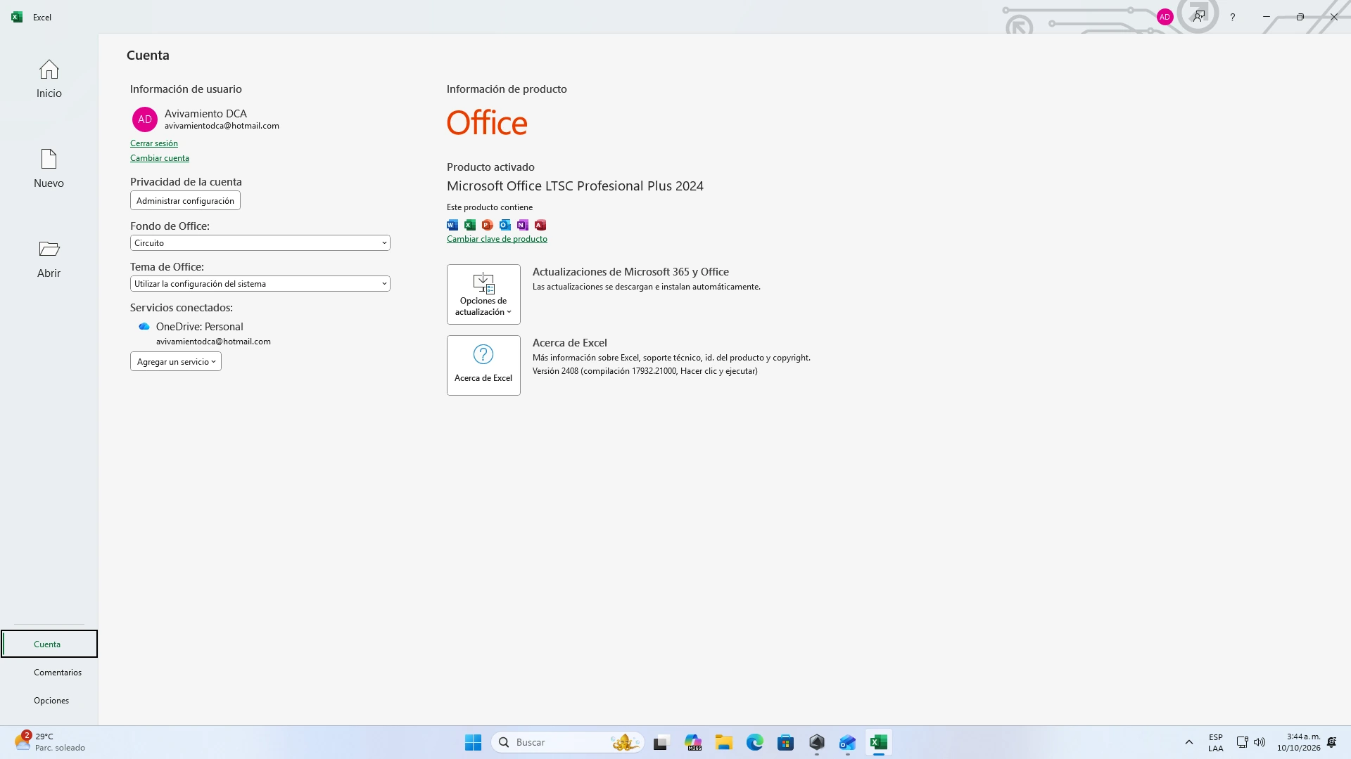 Pantalla de cuenta en Excel con Producto Activado en Office 2024 LTSC