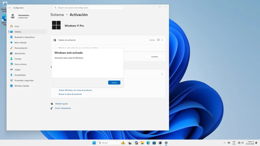 Ventana de confirmación: Windows está activado con licencia digital permanente